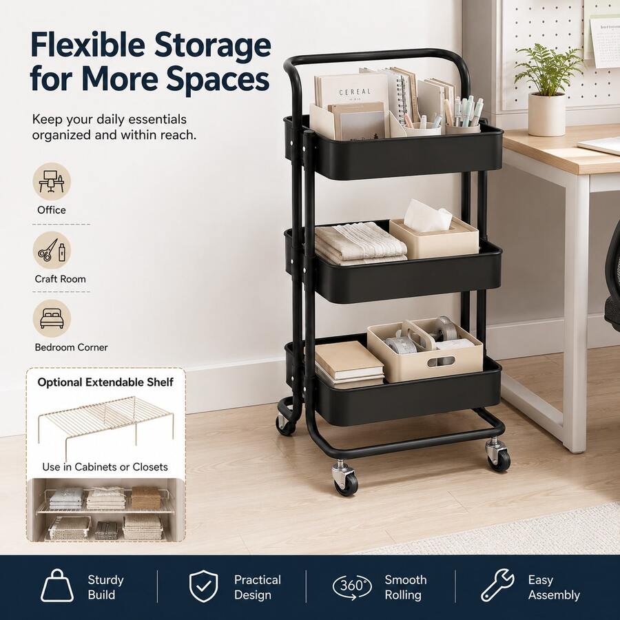 Rolling Utility Cart With Handle, 3 Shelf Storage Rack For Bathroom Supplies, Cleaning Tools And Daily Organization - View 1