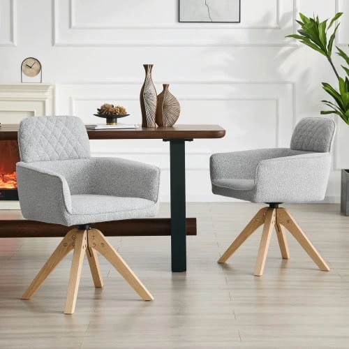 Set Of 2 Swivel Wabi-Sabi Dining Chairs (360° Swivel) – Gray Diamond Fabric - Wood - View 1
