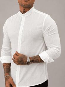 Men's Mandarin Collar Long Sleeve Shirt 100% Cotton - Blanco - Ver 2
