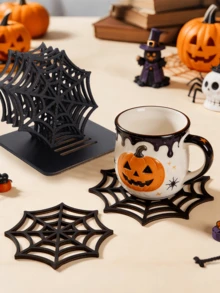 4 piezas/Bandeja de madera con telaraña de Halloween, posavasos aislante de calor hueco, decoración de escritorio gótica. Perfecto para fiesta de Halloween, boda, cumpleaños, festival y decoración de mesa del hogar. - A - Ver 1