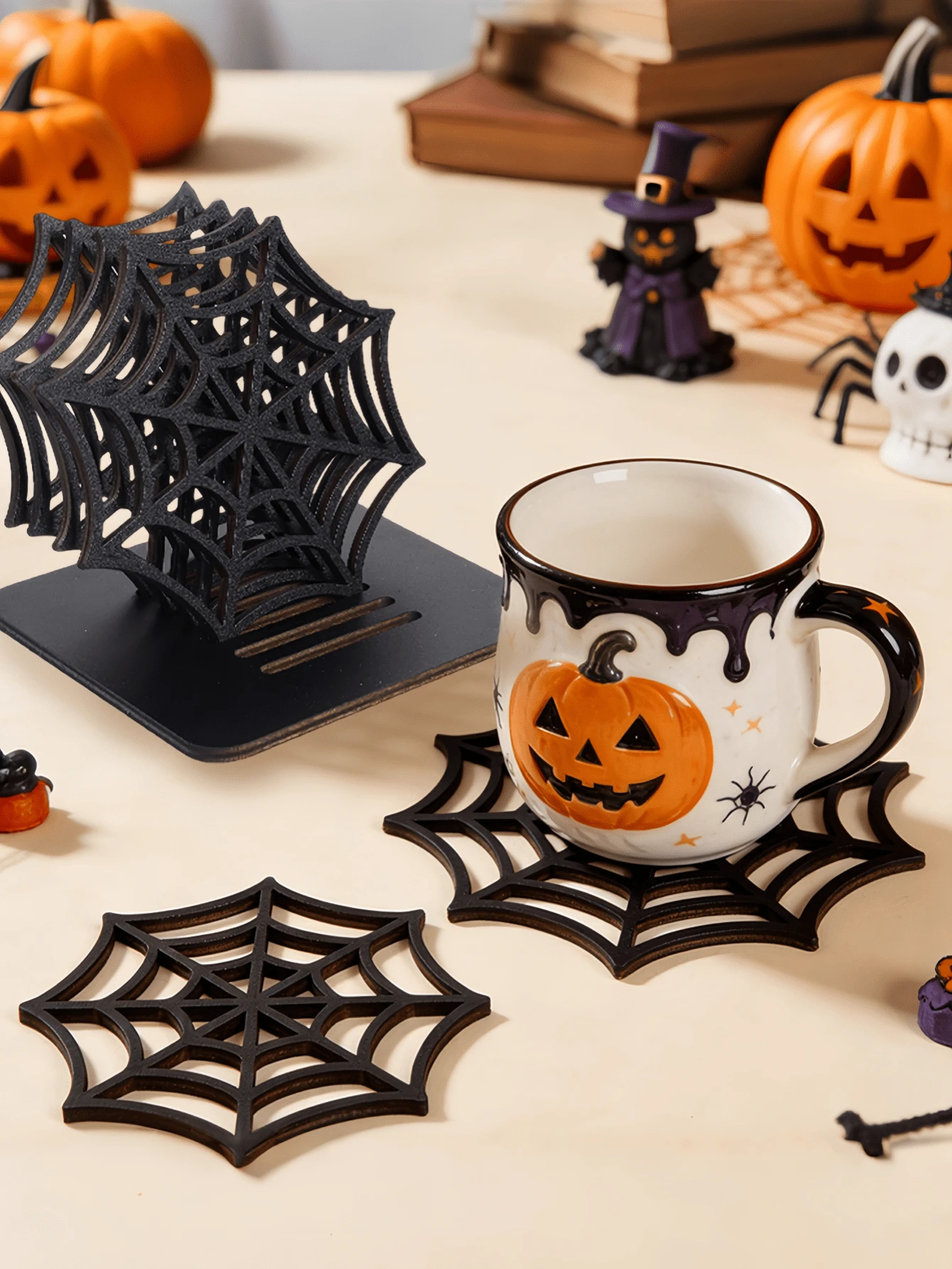 4 piezas/Bandeja de madera con telaraña de Halloween, posavasos aislante de calor hueco, decoración de escritorio gótica. Perfecto para fiesta de Halloween, boda, cumpleaños, festival y decoración de mesa del hogar. - A - Ver 1