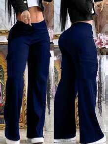 VIVINA Women's Solid Color Cargo Pocket Casual Straight Leg Pants, Navy Blue Versatile Long Pants, Autumn Long Pants - Navy Blue - View 8