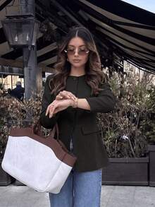 GDDYIN 女款新款優雅日常通勤辦公圓領收腰西裝外套 黑色 秋季 - 黑色 - 查看 8