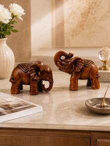 Set 2 Patung Gajah Keberuntungan Gaya Ukiran Kayu Thailand dari Resin, Dekorasi Kekayaan Feng Shui, Cocok untuk Pintu Masuk, Taman, Halaman, Hadiah Pindah Rumah - Gajah Kayu - View 12