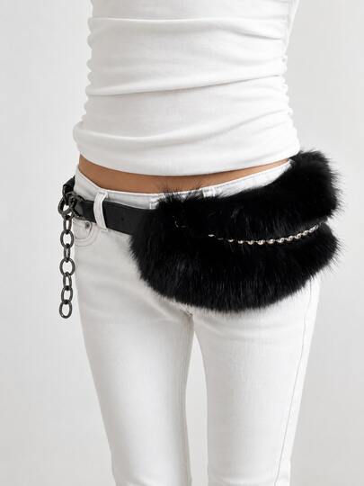 Faux Fur Decor Bead Chain Waist Belt, Vintage Crocodile Embossed Adjustable Leather Belt, Y2K Punk Hot Girl Waist Cincher, Women's Street Jazz Dance Style Accessory