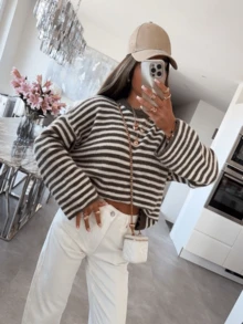 Top de punto de manga larga con cuello redondo y rayas de color contrastante para mujer, versátil para uso diario y casual en otoño - Blanco y marrón - Ver 6