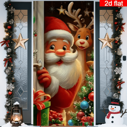 2D Flat Christmas Santa And Reindeer Door Curtain, Cartoon Style Santa And Reindeer Peeking From Behind The Door, Paired With Christmas Tree And Gift Elements, Warm Light Background, Durable Polyester, No Power Required, Suitable For Christmas Party Decoration, Can Be Used For Indoor/Outdoor Wall, Door And Window Decoration, Holiday Atmosphere Arrangement, Home, Mall, Studio, Outdoor Scene Universal, Polyester Material, No Power Required