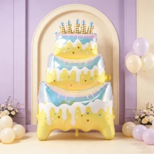 1個 40英吋大型立式彩色三層蛋糕箔氣球，適合婚禮、生日、週年紀念裝飾與節日拍照道具 - 黃色炫彩三層蛋糕 - 查看 6