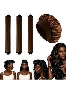 4-Piece Curly Hair Set: 1 Wide-Brim Satin Sleep Cap, 3 Heatless Curlers, Classic Casual Women's Solid Color Elastic Soft Cap, Heatless Overnight Curls, Effortlessly Create Curly Hair, Suitable For All Hair Types - Multicolor - View 1