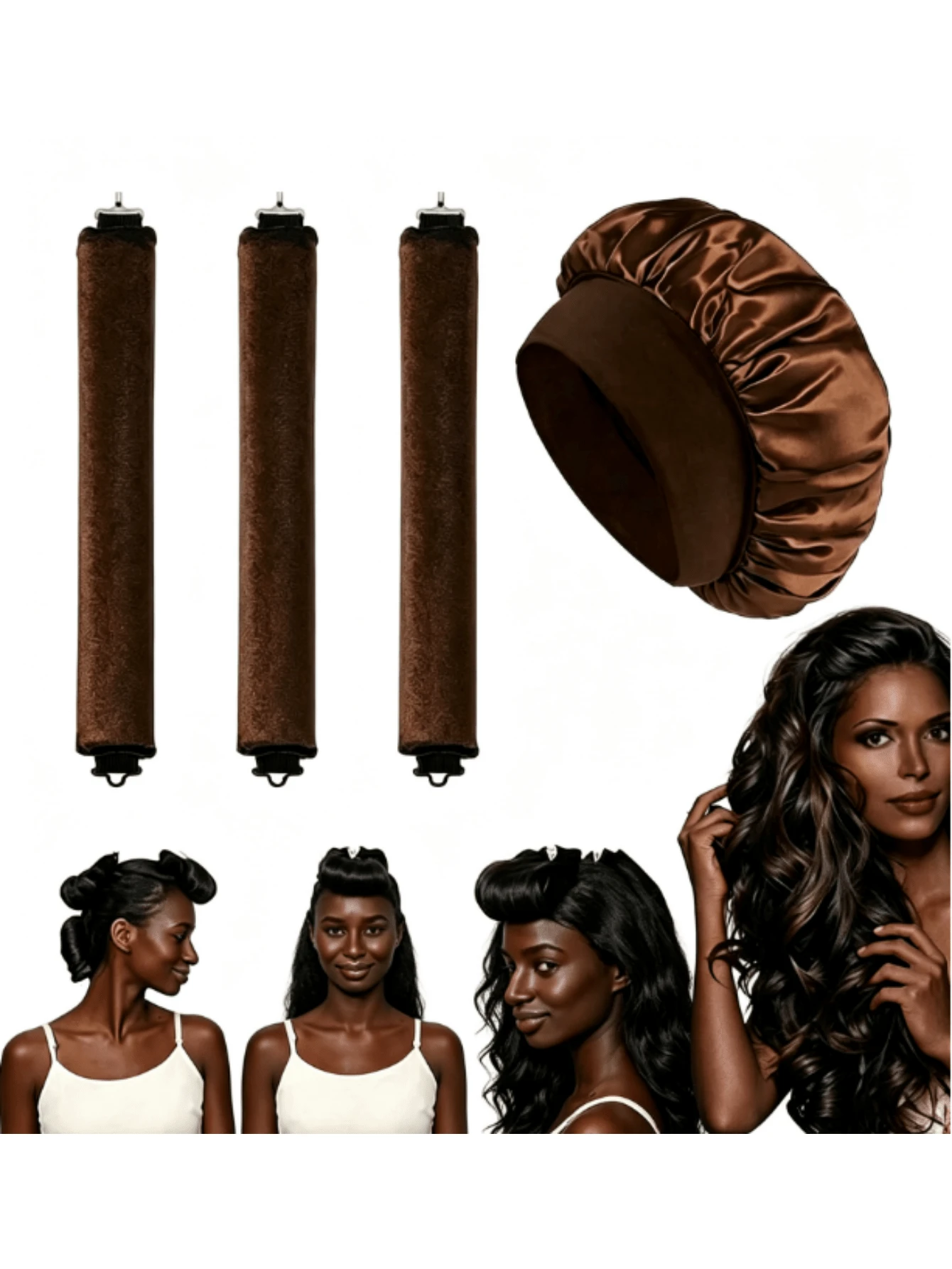 4-Piece Curly Hair Set: 1 Wide-Brim Satin Sleep Cap, 3 Heatless Curlers, Classic Casual Women's Solid Color Elastic Soft Cap, Heatless Overnight Curls, Effortlessly Create Curly Hair, Suitable For All Hair Types - Multicolor - View 1