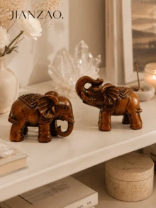 Set 2 Patung Gajah Keberuntungan Gaya Ukiran Kayu Thailand dari Resin, Dekorasi Kekayaan Feng Shui, Cocok untuk Pintu Masuk, Taman, Halaman, Hadiah Pindah Rumah - Gajah Kayu - View 1