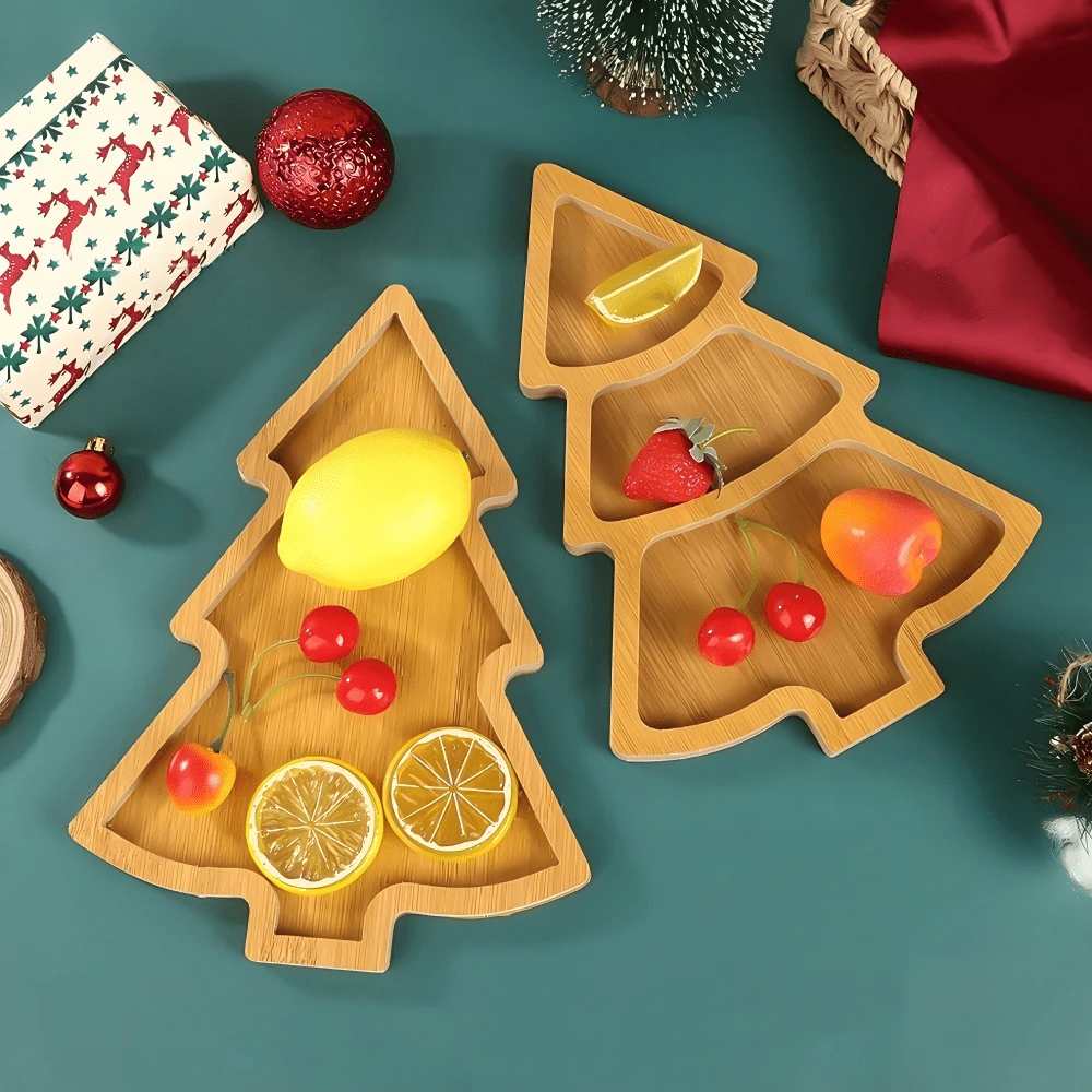 1pc New Christmas Tree Shaped Density Board Tray, Party Supplies, Tableware, Multi-Compartment Wooden Platter, Restaurant/Hotel Use, Snack/Fruit Platter - Multicolor - View 1
