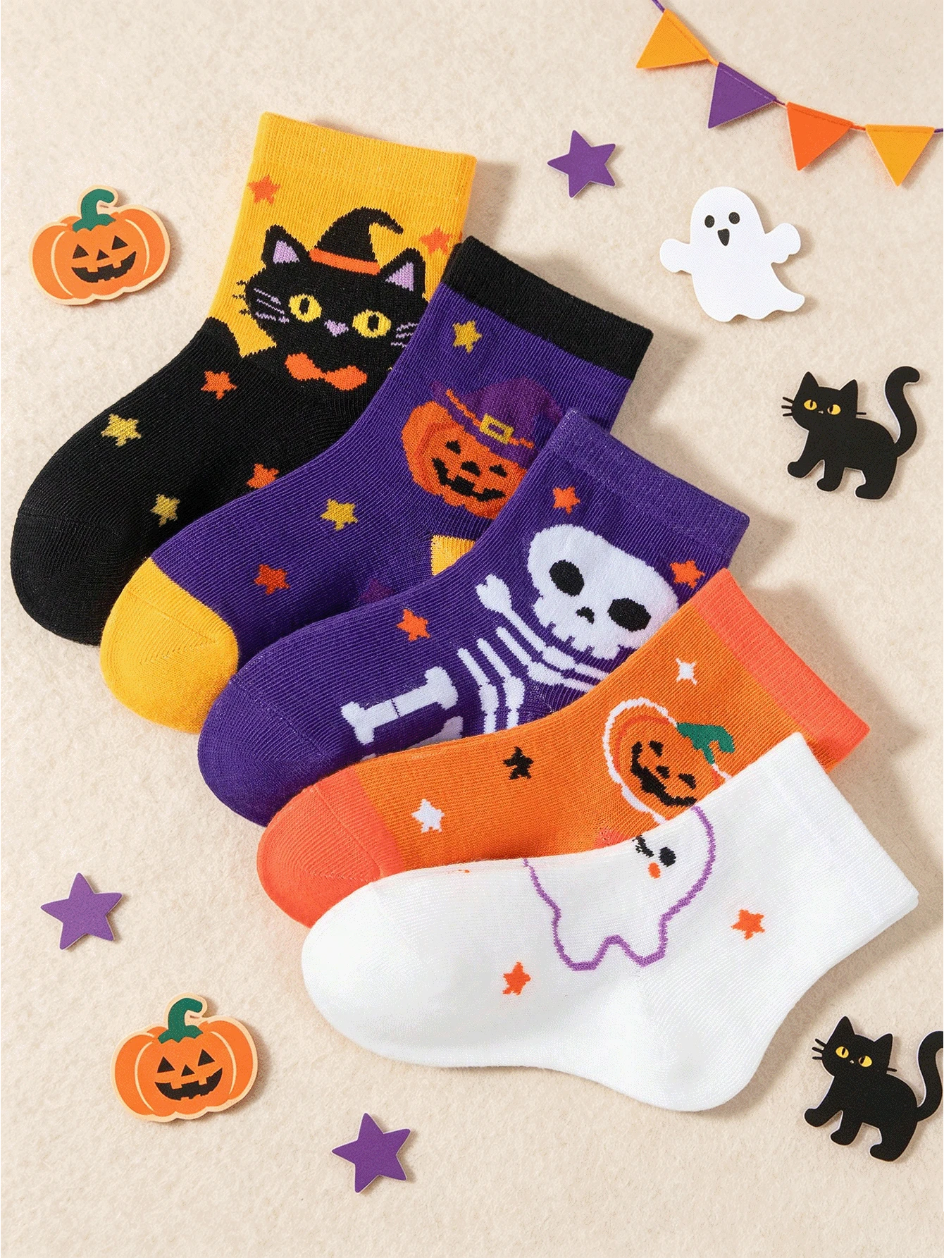 5 Pairs Kids Halloween Themed Mid-Calf Socks, Pumpkin, Ghost And Black Cat Color Block Pattern, Boys Girls Holiday Party Socks - Multicolor - View 1