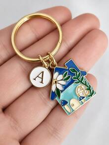 Ocean Blue Mushroom House Enamel Keychain With Floral Element Letter Charm, Couple Best Friend Exclusive Bag Pendant - Multicolor 4 - View 4