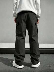 2pcs Casual Wide Leg Cargo Pants For Men, Loose Straight Leg Design With Multiple Pockets And Drawstring Waist, Side Large Pockets With Patch Decoration, Adjustable Drawstring Waist, Loose Drape Fabric, Suitable For Outdoor Sports Or Home Leisure, Unisex - Multicolor - View 5