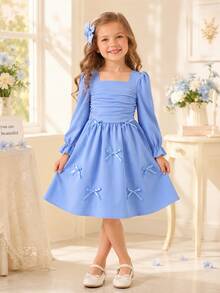 Đầm dài tay cổ vuông xếp ly bèo nhún thời trang casual cho thiếu nữ mùa thu - Màu xanh nhạt - Xem 1