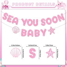 粉藍海洋主題嬰兒派對橫幅「SEA YOU SOON BABY」亮片字母搭配海洋生物，新生兒慶祝派對裝飾 - 彩色 - 查看 9