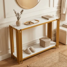 Modern Console Table With 2 Shelves, Hallway Table In White Marble Look, Slim Table For The Entryway, Decorative Table For Living Room, Hallway And Bedroom – H80/W123.5/D33.5 Cm - 金色 - 查看 3