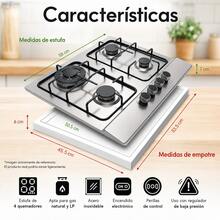 Parrilla de Gas con 4 Quemadores, de Acero Inoxidable, Encendido Eléctrico, Estufa Empotrable y De Mesa, Compatible con Gas Natural y Gas LP Medidas: 58cm Largo X 11cm Alto X 51cm Ancho - Plateado - Ver 4