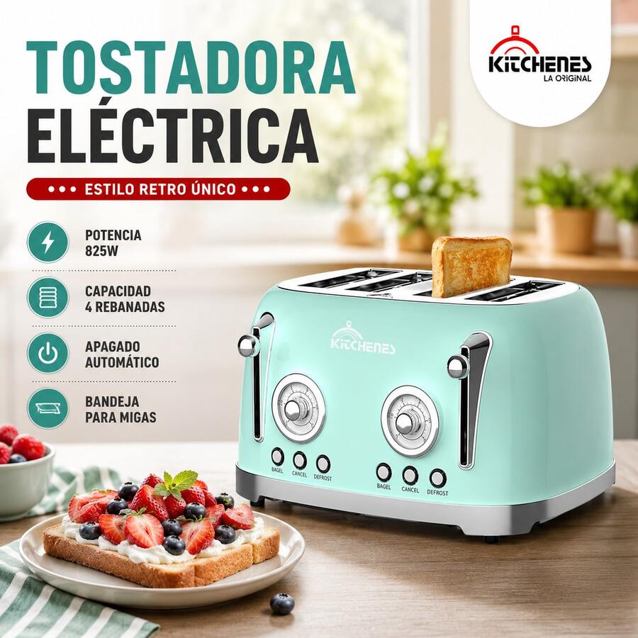 Tostador Eléctrico Retro Kitchenes, Para 4 Rebanadas, 6 Niveles de Tostado, con Bandeja para Migas, Color Verde Menta, Estilo Vintage Para Cocina Moderna - Tipo de Enchufe A Japonés (100V) - Ver 1