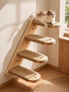 1pc Multi-Layer Solid Wood Wall-Mounted Cat Climbing Ladder Jumping Platform, Multi-Functional Climbing Structure With Comfortable Platform And Sturdy Guardrail, Space-Saving Detachable Design, Easy Assembly, Indoor Cat Tower - Apricot - View 3