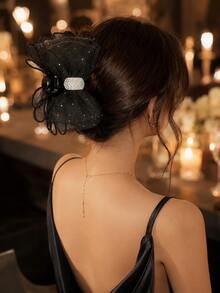1pc Women's Oversized Bow Hair Claw Clip, Black/Grey Tulle Layered Bow Hair Clip With Rhinestone Center, Strong Grip, Suitable For Updo Hairstyles, Daily Wear, Wedding, Party, Date, Summer Outings, Also As Holiday Gift - Multicolor - View 5