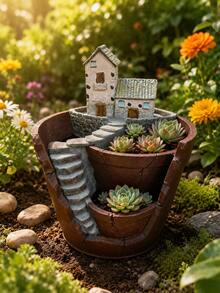 Multi-Level Stair Succulent Plant Pot With Stone House Sculpture Resin Flower Planter Large Split Bucket Style Plant Container For Cactus Herb Small Green Plants Desktop Balcony Garden Planting Pot Home Landscape Decor - House-shaped Planter - View 1