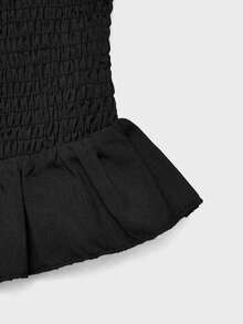 Women's Off-Shoulder Ruched Bandeau Top, Strapless Ruffle Hem Blouse, Elastic Waist Slim Fit Summer Cropped Top, Suitable For Vacation And Date Night - Black - View 10