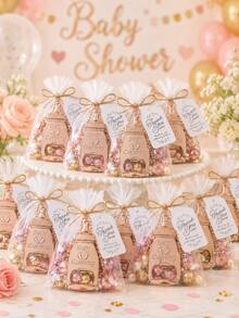 10 Sets Rose Gold Baby Bottle Shaped Bottle Opener Baby Shower Party Favor Set, Baby Shower Guest Gift, Metal Bottle Opener With Bead Chain Pendant + Thank You Card + White Organza Bag + Jute Rope, Suitable For Baby Shower, Full Moon Party, First Birthday Party, Gender Reveal Party, Baptism Party Thank You Gift Packaging Decoration - Rose Gold - View 4