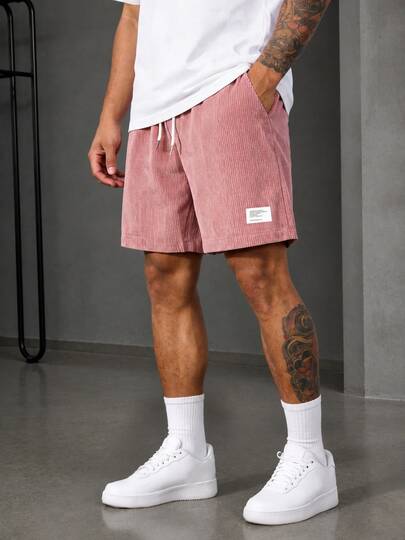 Men's Retro American Fashion Corduroy Drawstring Shorts, Men's Loose Applique Knee-Length Shorts, Casual High Street Knee-Length Shorts