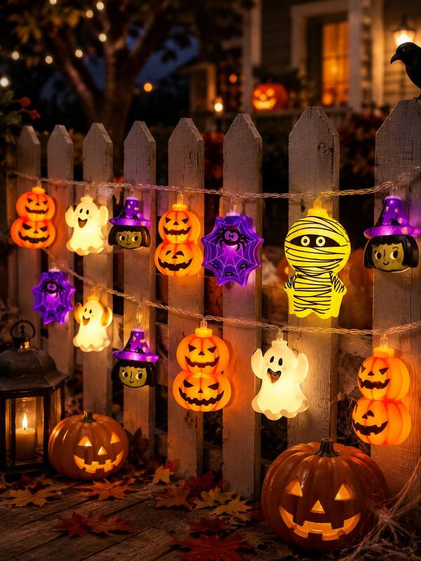 1 pieza Luces decorativas de cuerda de Halloween, Decoración de ventana de Halloween, Funcionan con batería (Baterías no incluidas), Diseño impermeable, Luces de cuerda LED de Halloween, Adecuadas para decoración de fiesta de Halloween, Accesorio de iluminación para crear ambiente festivo, Adorno colgante de decoración del hogar de casa embrujada, Decoración del hogar, Decoración de mesita de noche del dormitorio