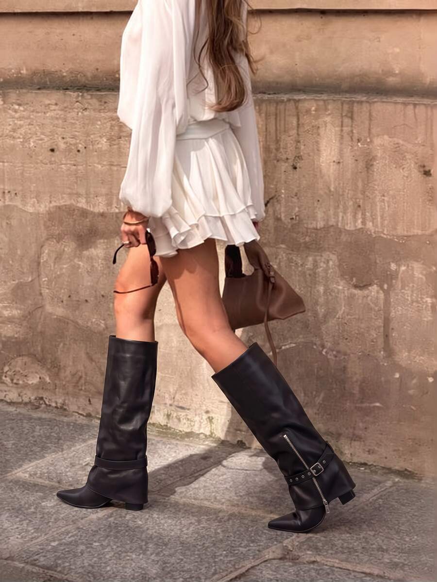 REYNEA Women's Y2K Vintage Bohemian Elegant Western Boots With High Shaft, Pointed Toe, And Decorative Strap, Perfect For Daily Wear And Parties - 2502A PU - 查看 1