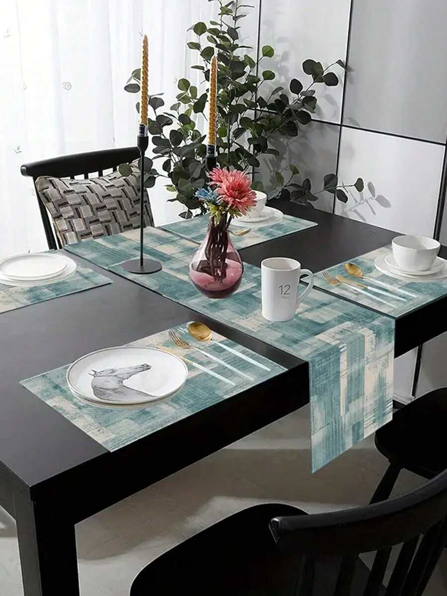 Vintage Blue Plaid Tablecloth And Placemat Set, Country Style Washable Fabric Table Decor, Gradient Table Mat Suitable For Kitchen, Indoor And Outdoor Decoration - Multicolor - View 1