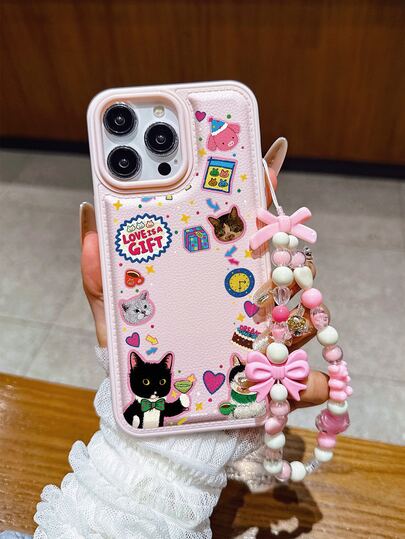 Stiker Kolase Motif Kucing Kartun dengan Tali Ponsel, Casing Ponsel Kulit Imitasi, Cocok untuk iPhone 17promax/17pro/17air/17/16/16promax/16plus/16pro/16E/15/15promax/15pro/15plus/11/12/13/14promax/12pro/12promax/13pro/13promax/14pro/14promax, Casing Lembut Anti Jatuh