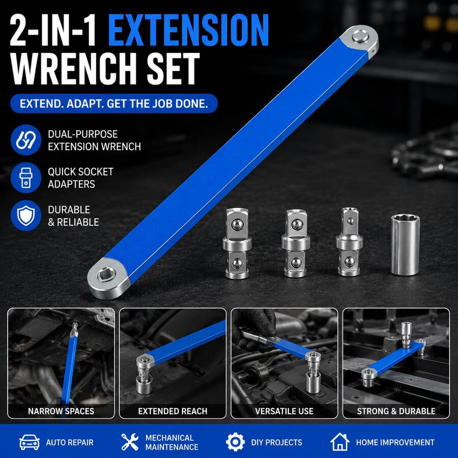 5pcs Universal Extension Wrench Set, Includes Socket Adapter, Torque Enhancing Extension Bar, Quick Release Socket Converter, Suitable For Car Repair, Mechanic Tools, DIY Garage Workshop, Essential Automotive Hand Tools - 1 Extension Bar + 3 Adapters + 1 Socket - View 1