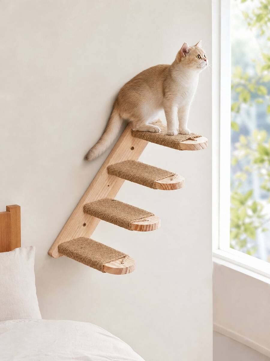 1pc Multi-Layer Solid Wood Wall-Mounted Cat Climbing Ladder Jumping Platform, Multi-Functional Climbing Structure With Comfortable Platform And Sturdy Guardrail, Space-Saving Detachable Design, Easy Assembly, Indoor Cat Tower - Apricot - View 1