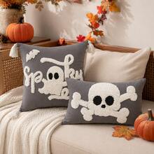 1 Stück/2 Stücke Halloween süßes Geist Tufted Kissenbezug, grauer bestickter Totenkopf Kreuzknochen Kissenbezug mit Quasten Eckdekoration, versteckter Reißverschluss Design, geeignet als Herbst Halloween Dekokissen (Füllung nicht enthalten), anwendbar für Sofa, Bett, Schlafzimmer, Wohnzimmer, Veranda und Partydekoration - Grau - Übersicht 10
