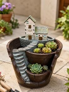 Multi-Level Stair Succulent Plant Pot With Stone House Sculpture Resin Flower Planter Large Split Bucket Style Plant Container For Cactus Herb Small Green Plants Desktop Balcony Garden Planting Pot Home Landscape Decor - House-shaped Planter - View 6