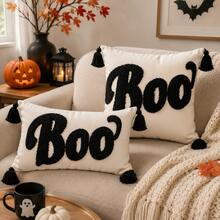 1/2 pezzi Federa cuscino Ognissanti con lettera "BOO" trapuntata, federa ricamata stile fattoria nero e avorio con angoli con nappine, cerniera nascosta, federa decorativa per feste Trick Or Treat (senza inserto) per soggiorno, divano, camera da letto, veranda esterna, decorazione autunnale - nero - Visualizzare 9