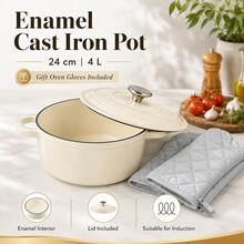 Round Enamel Cast Iron Pot With Lid And Side Handles, 4L Covered Casserole With Gloves For Home Kitchen Use - View 3