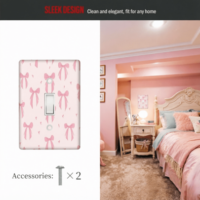 Cute Pink Bow Light Switch Panel - Beautiful Wall Outlet Panel Designed For Girls' Bedroom, Nursery, Dorm Decor, Equipped With Standard Single Control Switch/Rocker Switch/GFCI Panel (Includes Screws)