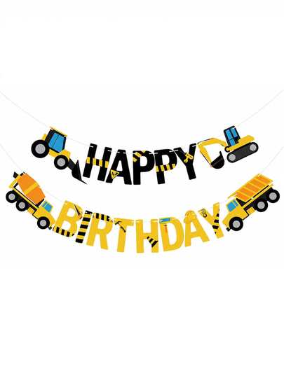 Construction Vehicle Theme Birthday Banner Decoration, Black & Yellow Construction Vehicle HAPPY BIRTHDAY Letter Garland, Excavator, Dump Truck, Cement Mixer Party Hanging Banner, Suitable For Construction Site Theme Birthday Party, Room Wall Decor, Party Backdrop Decoration And Photo Props