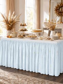1pc-Blue Checkered Tablecloth With Golden Star Patterns And Ruffled Edges, Suitable For Birthday Parties, Celebrations, Banquets And As Cute Pastel Table Decorations For Home Use. - Blue Plaid - View 13