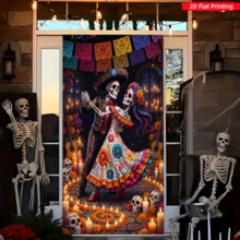 2D Flat Banner 1pc Day Of The Dead Theme Vintage Dancing Skeleton Background Cloth, Suitable For Mexican Theme Party, Carnival Decoration, Indoor/Outdoor Holiday Backdrop, Photography Cloth, Wall Hanging Decor, Holiday Arrangement, Halloween Decoration Hanging Cloth, Polyester Material - A - View 1