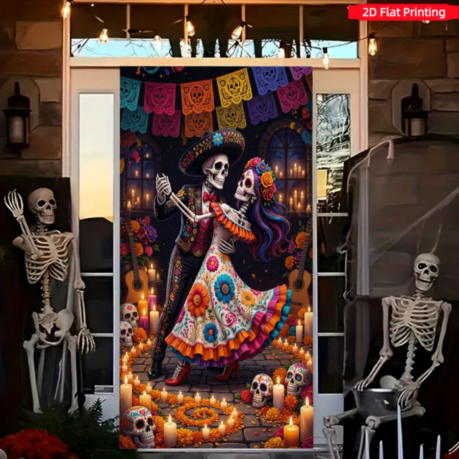 2D Flat Banner 1pc Day Of The Dead Theme Vintage Dancing Skeleton Background Cloth, Suitable For Mexican Theme Party, Carnival Decoration, Indoor/Outdoor Holiday Backdrop, Photography Cloth, Wall Hanging Decor, Holiday Arrangement, Halloween Decoration Hanging Cloth, Polyester Material - A - View 1