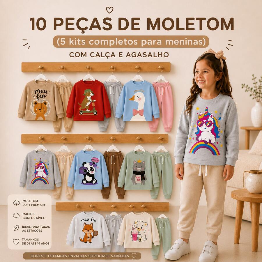 Kit de moletom 10 peças conjunto completo com calça e agasalho estampado criança infantil para meninas de 06 até 10 ANOS - Multicolorido - Visão 1