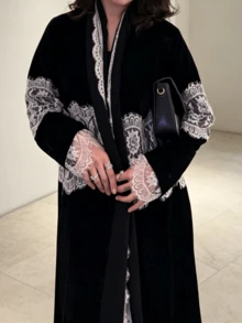 Women's Fashion Lace Trim Patchwork Elegant Long Robe Elegant - Black - View 5