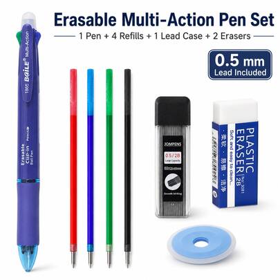 Bộ bút đa năng 5 trong 1 xóa được, bút bi 4 màu với ruột mực đỏ xanh lá xanh dương đen, ngòi bút chì kim 0.5mm, tẩy nhựa và tẩy xanh dương cho học sinh, trường học, văn phòng và ghi chép
