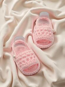 1 Pair Handmade Crochet Infant Sandals, White, Open Toe With Button Strap, Newborn Shoes - Baby Pink - View 3