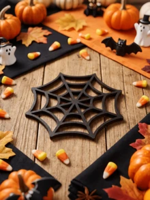 4 piezas/Bandeja de madera con telaraña de Halloween, posavasos aislante de calor hueco, decoración de escritorio gótica. Perfecto para fiesta de Halloween, boda, cumpleaños, festival y decoración de mesa del hogar. - A - Ver 2